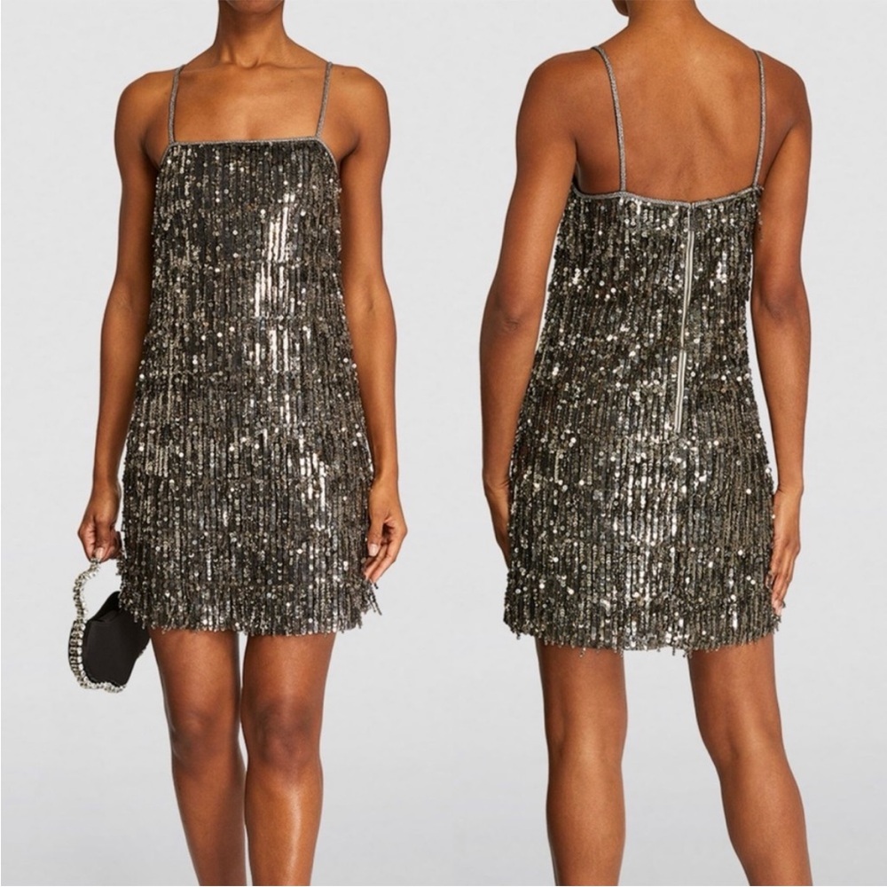 NWT Alice + Olivia Chicago Sequin Flapper Mini Dress in gunmetal silver
